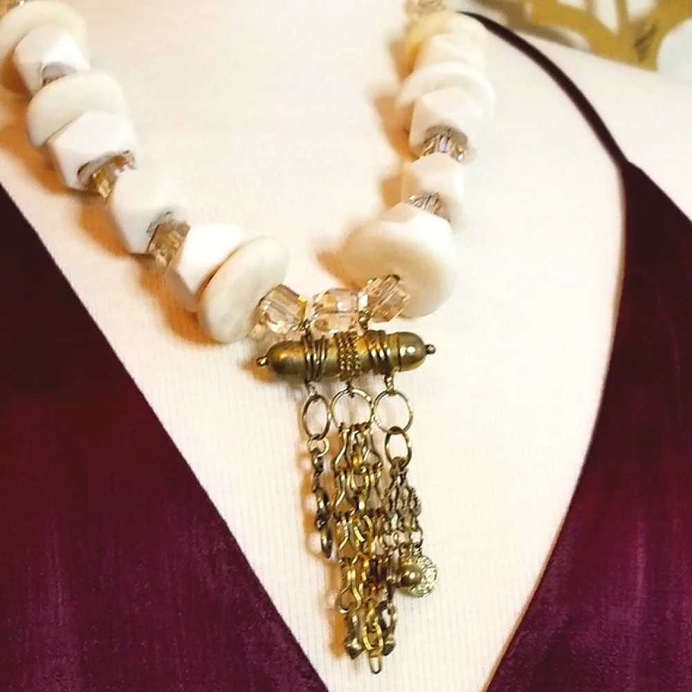 ✨️Ivory bone beads, Crystals, Tassel Focal Statement Necklace- Handcrafted✨️ - Picture 8 of 13